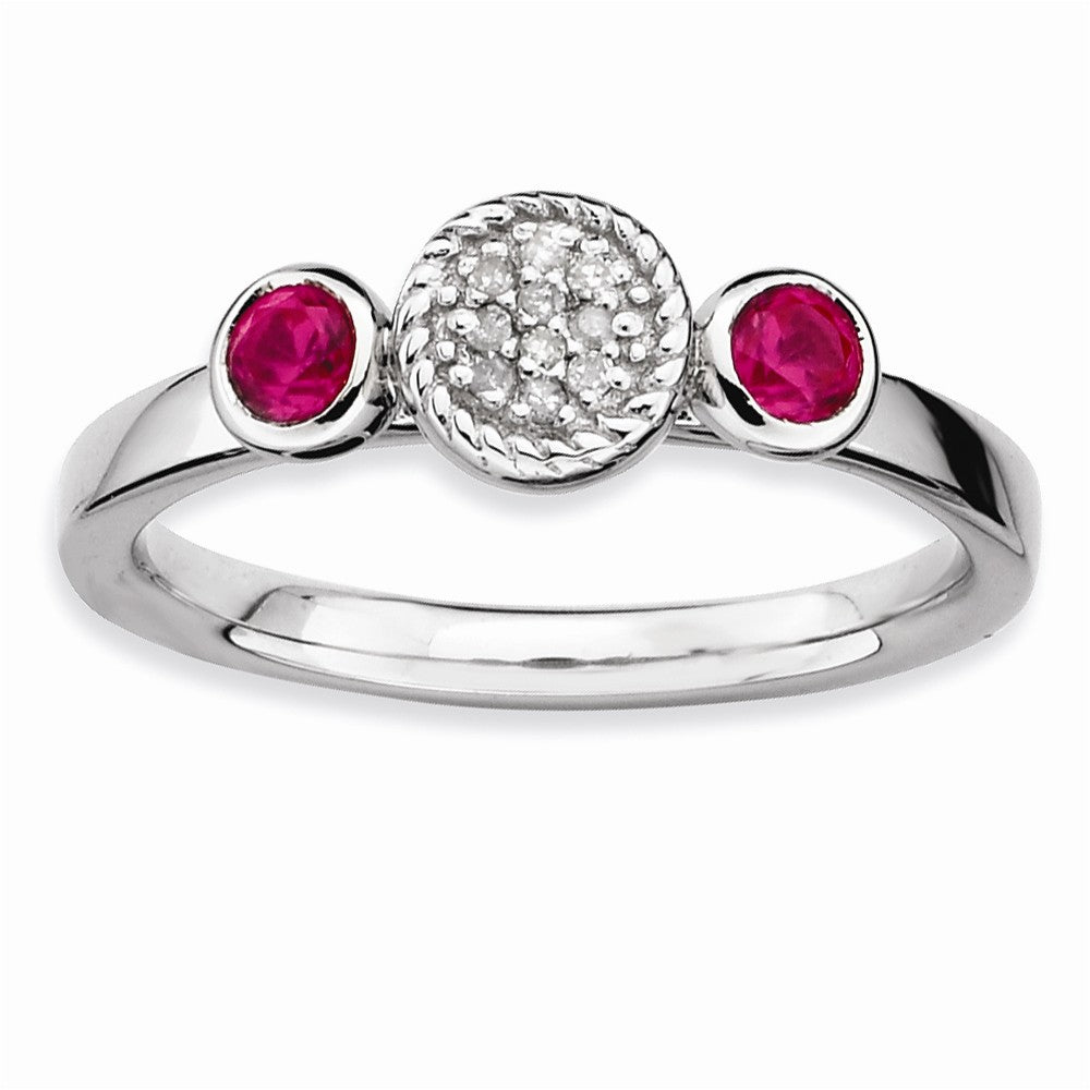 Sterling Silver Stackable Created Ruby and .05 Ctw HI/I3 Diamond Ring, Item R9355 by The Black Bow Jewelry Co.