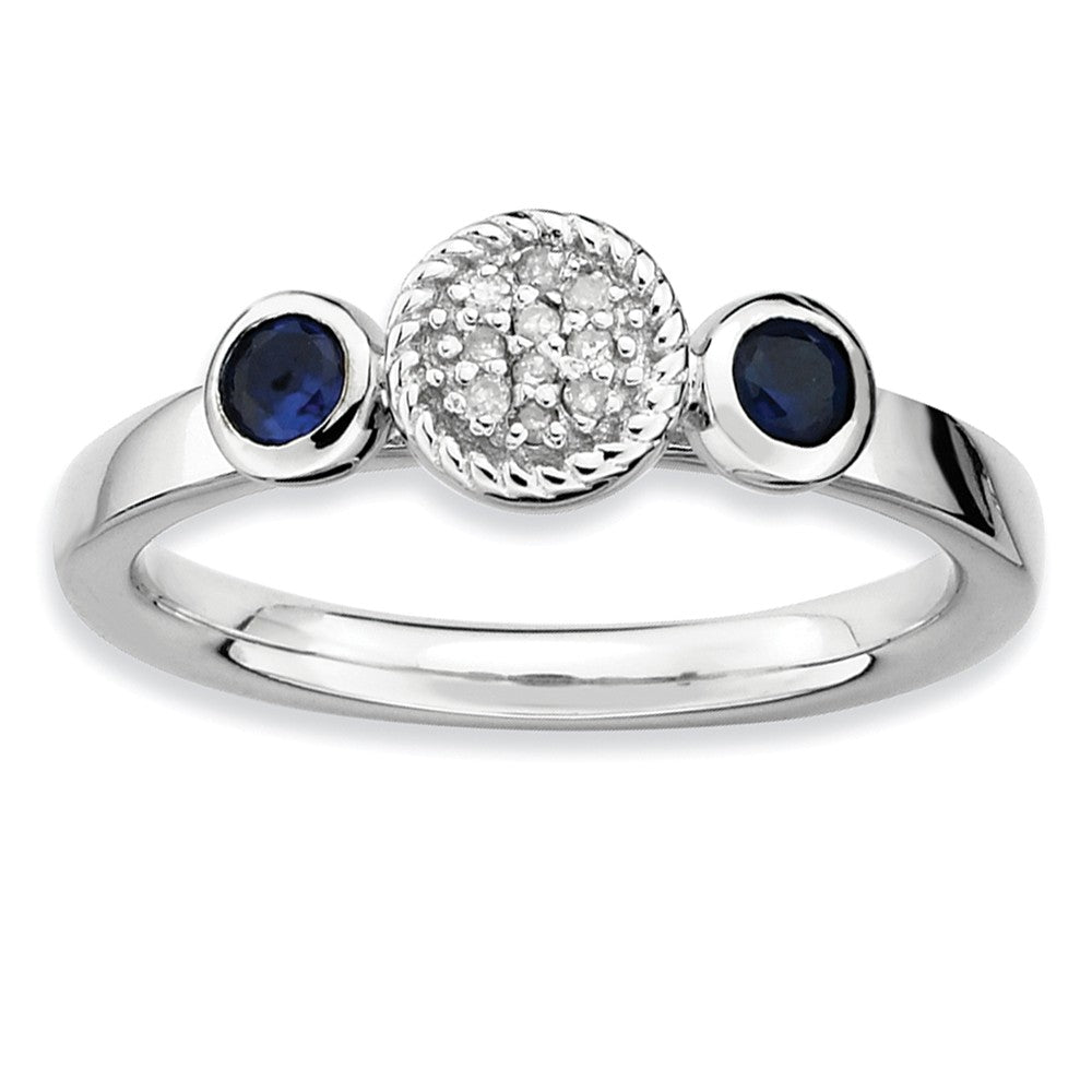 Sterling Silver Stackable Created Sapphire &amp; .05Ctw HI/I3 Diamond Ring, Item R9357 by The Black Bow Jewelry Co.