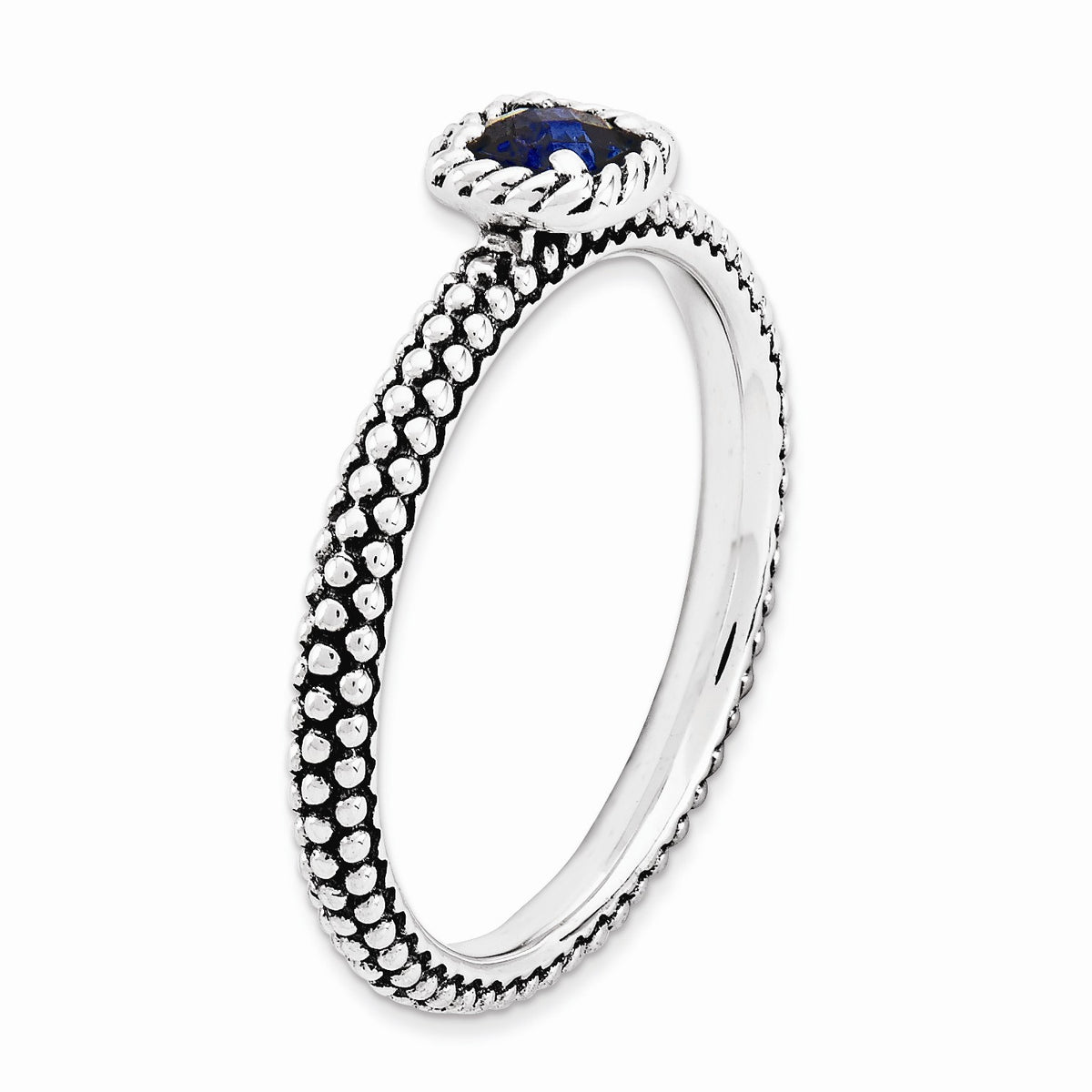 Alternate view of the Antiqued Sterling Silver Stackable Created Sapphire Ring by The Black Bow Jewelry Co.