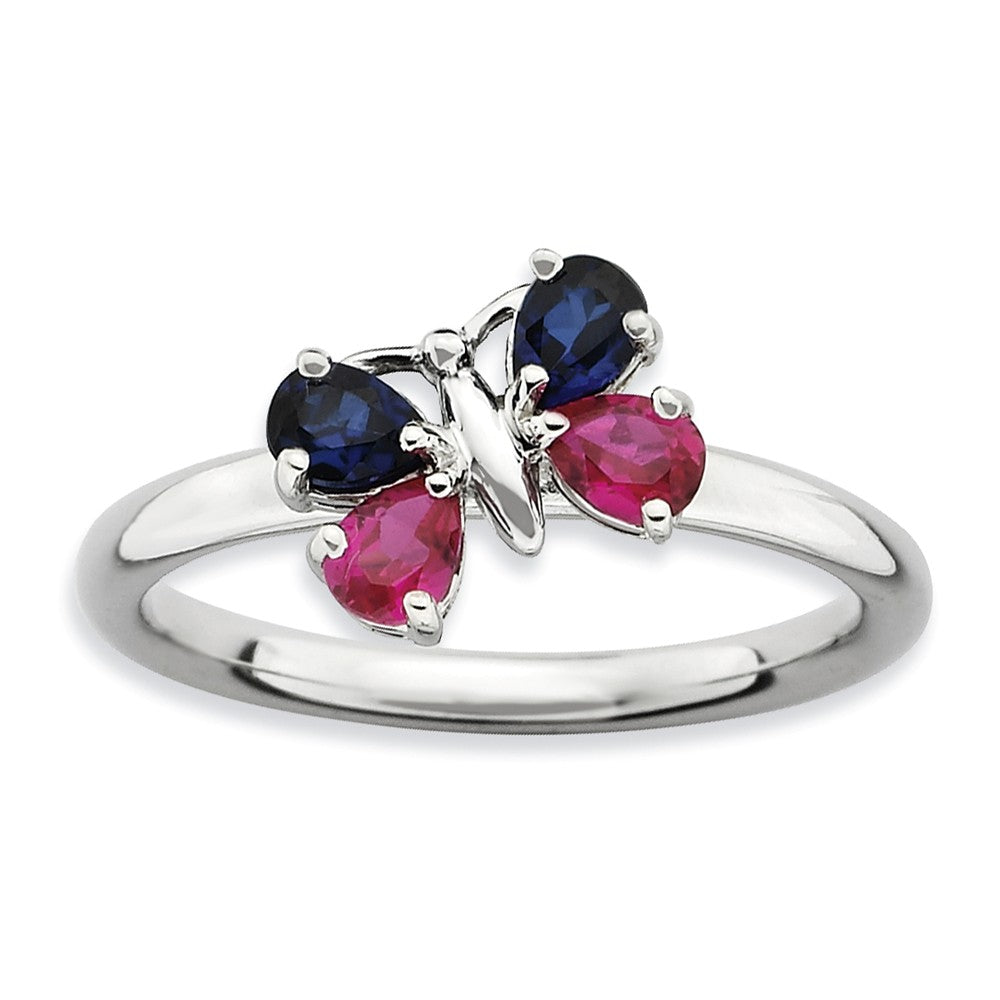 Stackable Created Sapphire & Created Ruby Butterfly Silver Ring, Item R9391 by The Black Bow Jewelry Co.