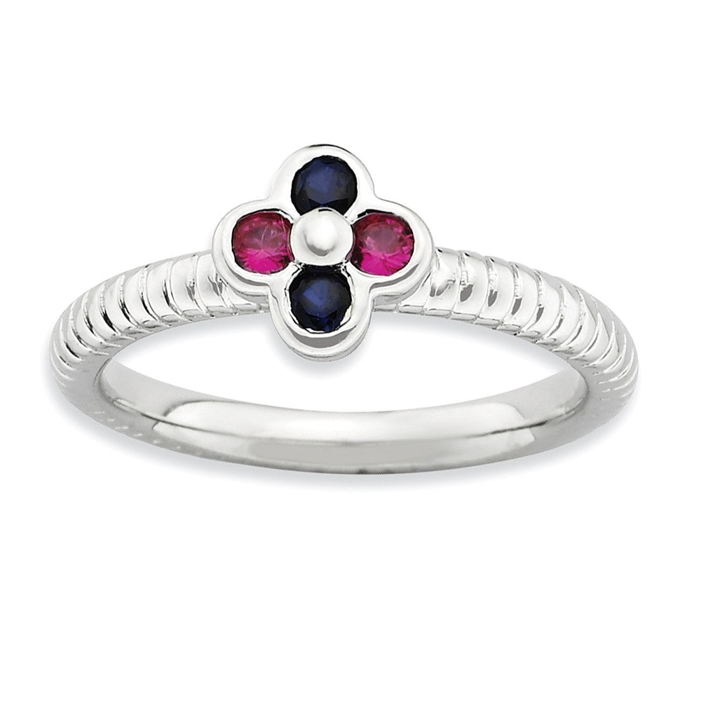 Sterling Silver Created Ruby & Created Sapphire 7mm Flower Stack Ring, Item R9393 by The Black Bow Jewelry Co.