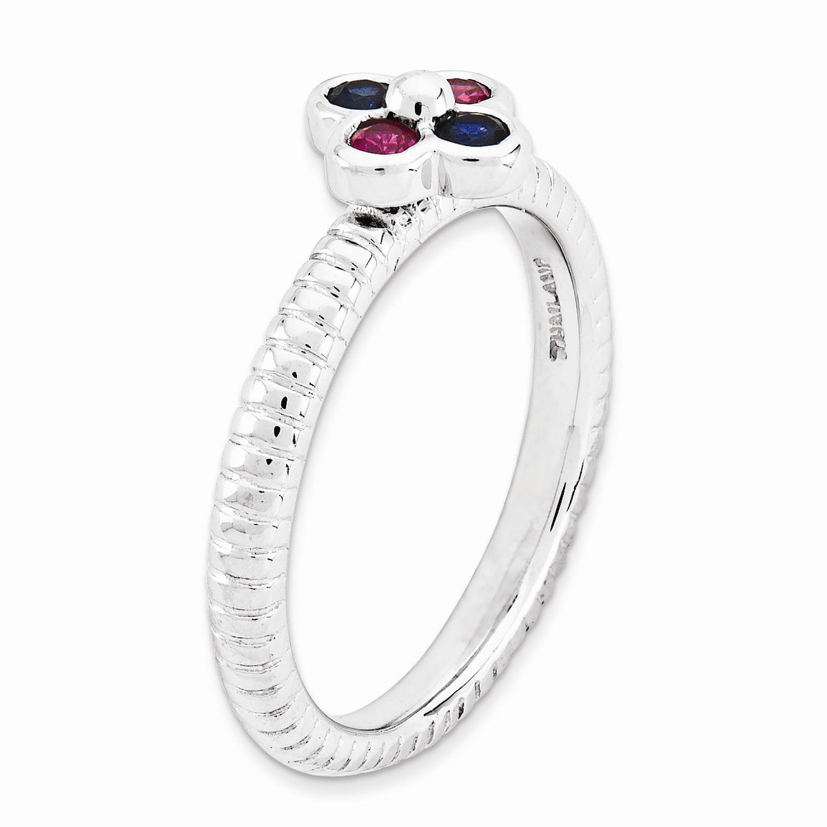 Alternate view of the Sterling Silver Created Ruby & Created Sapphire 7mm Flower Stack Ring by The Black Bow Jewelry Co.