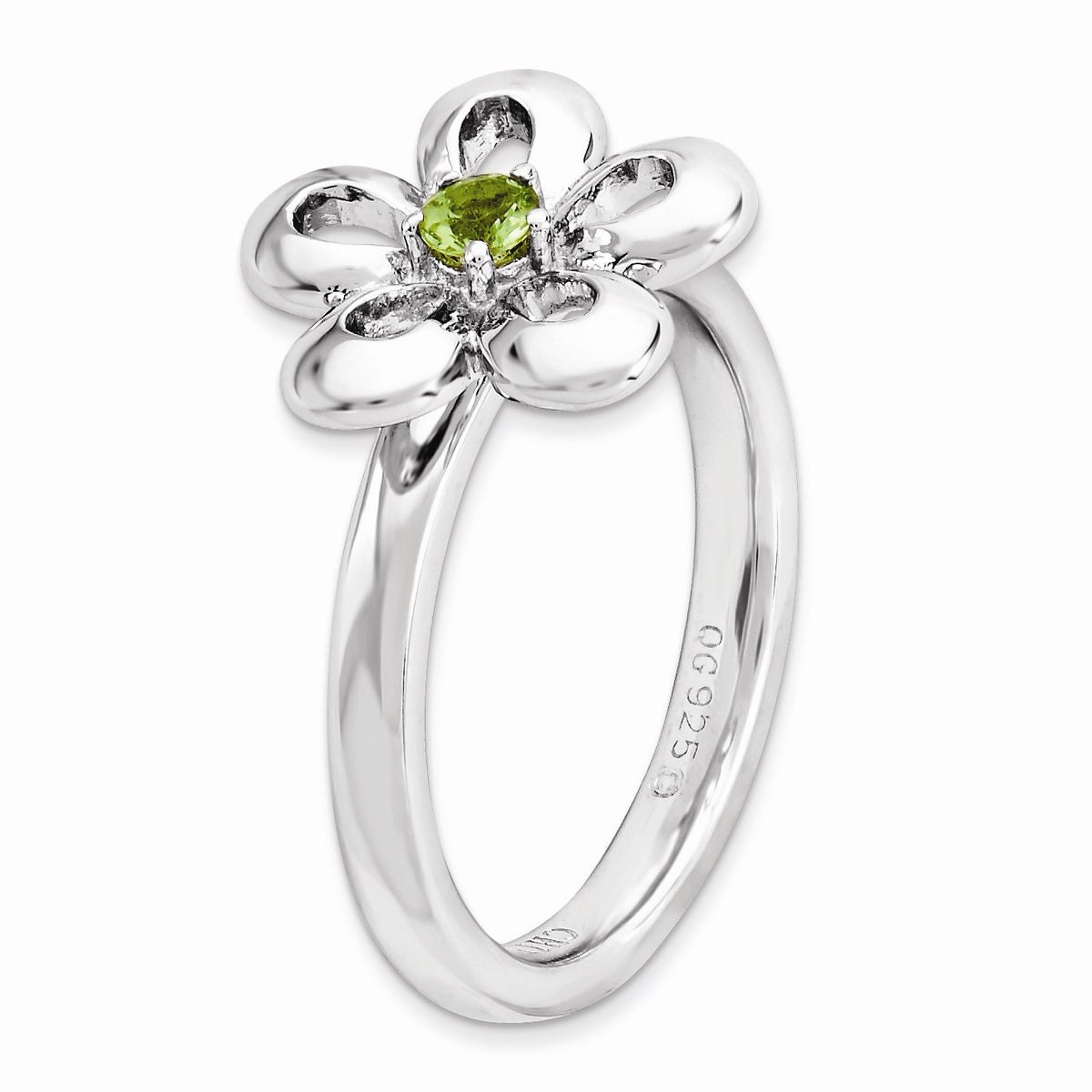 Alternate view of the Silver Stackable 13mm .12 Carat Peridot Flower Ring, Size 5 by The Black Bow Jewelry Co.
