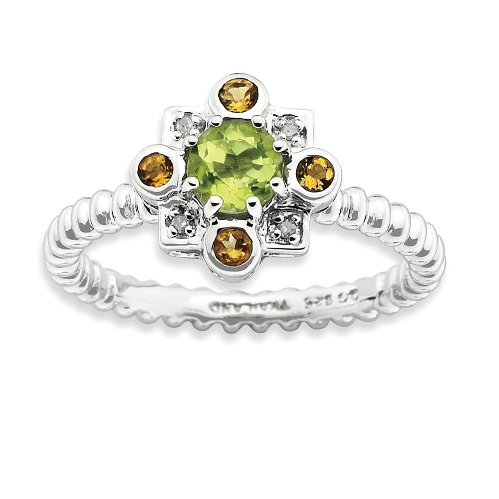 Sterling Silver Stackable Peridot, Citrine & .02ctw HI/I3 Diamond Ring, Item R9412 by The Black Bow Jewelry Co.