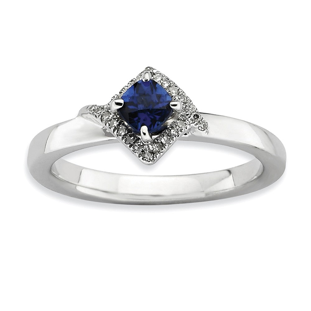 Stackable Created Sapphire & .10ctw HI/I3 Diamond Sterling Silver Ring, Item R9416 by The Black Bow Jewelry Co.