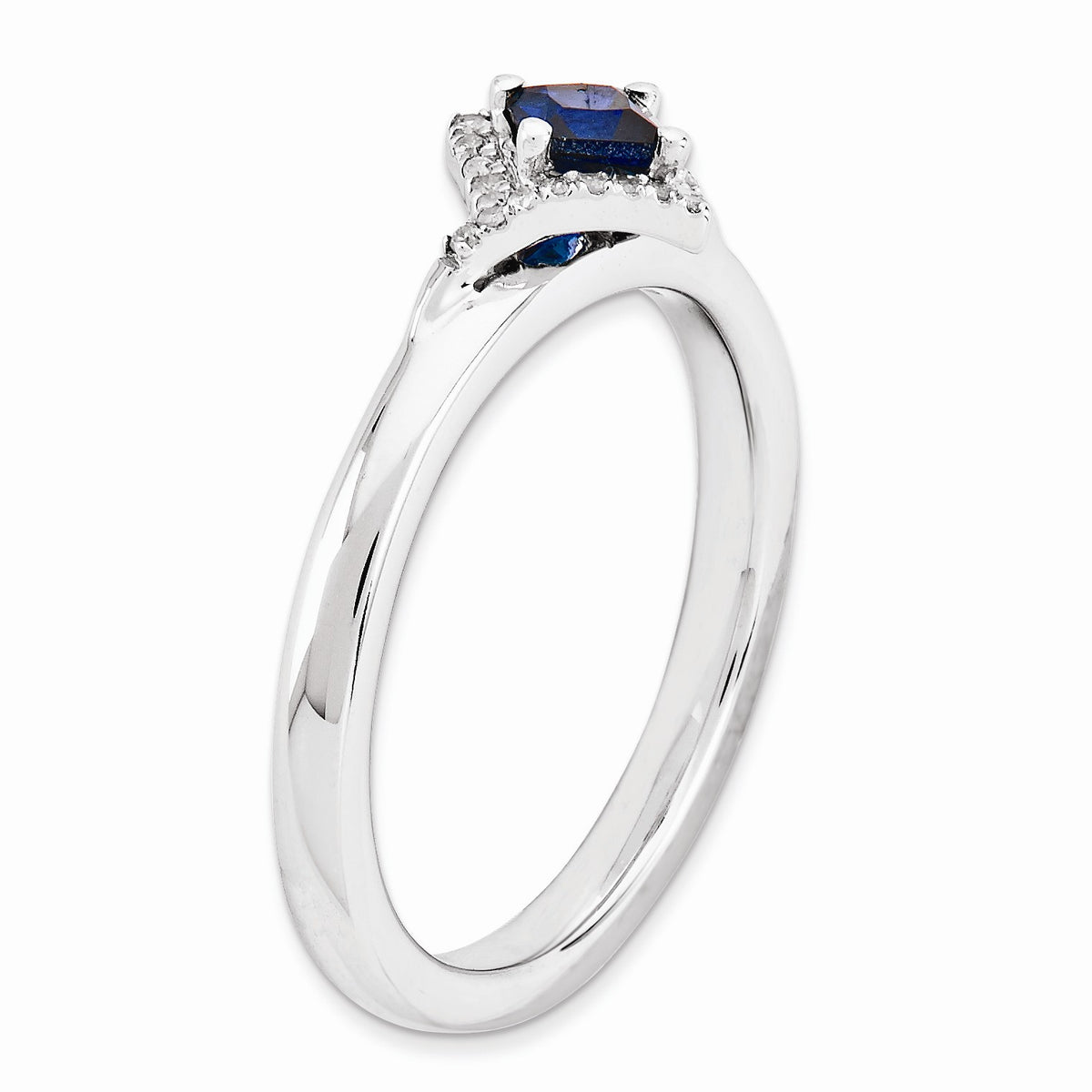 Alternate view of the Stackable Created Sapphire & .10ctw HI/I3 Diamond Sterling Silver Ring by The Black Bow Jewelry Co.
