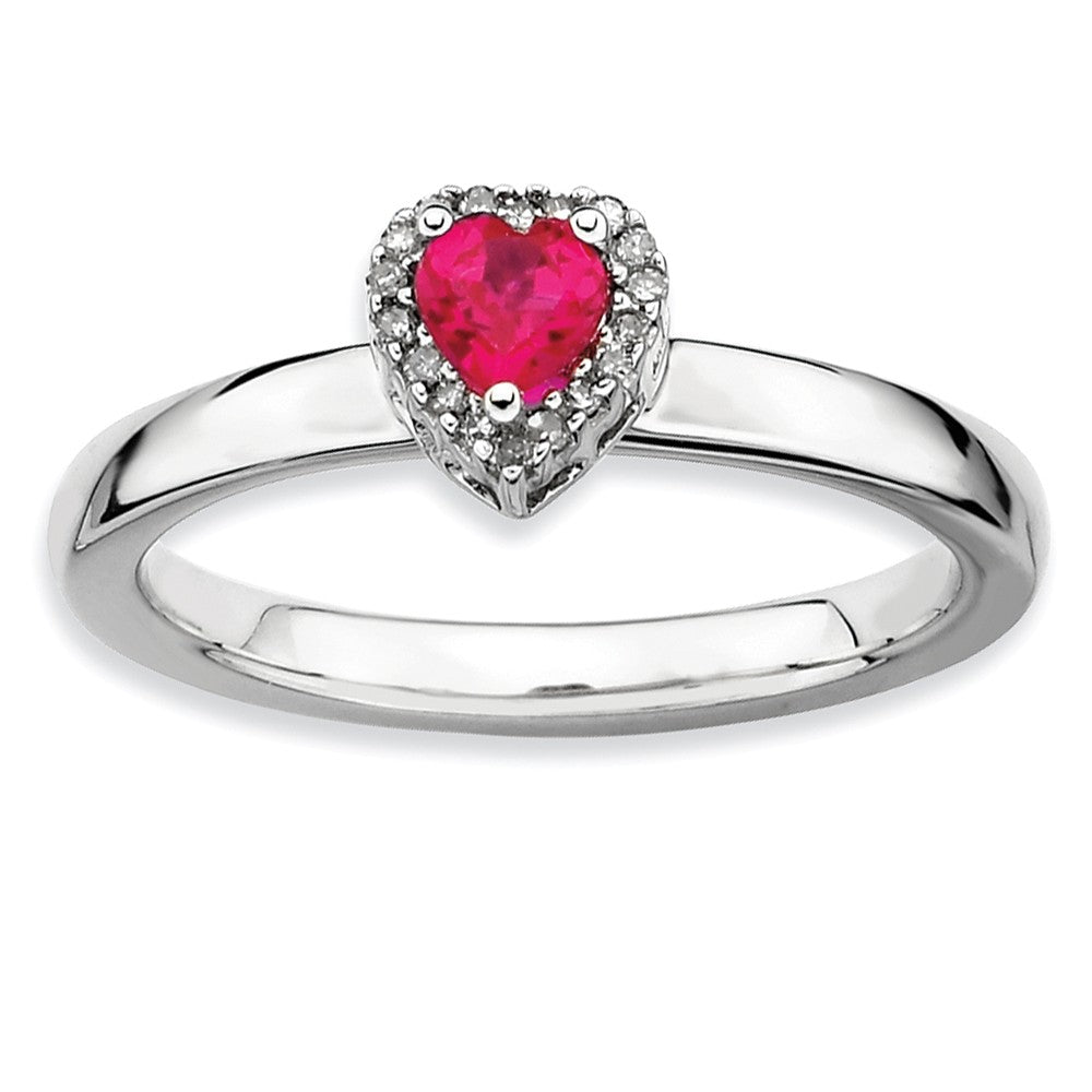 Sterling Silver Created Ruby & 1/20 Ctw Diamond Stackable Heart Ring, Item R9433 by The Black Bow Jewelry Co.