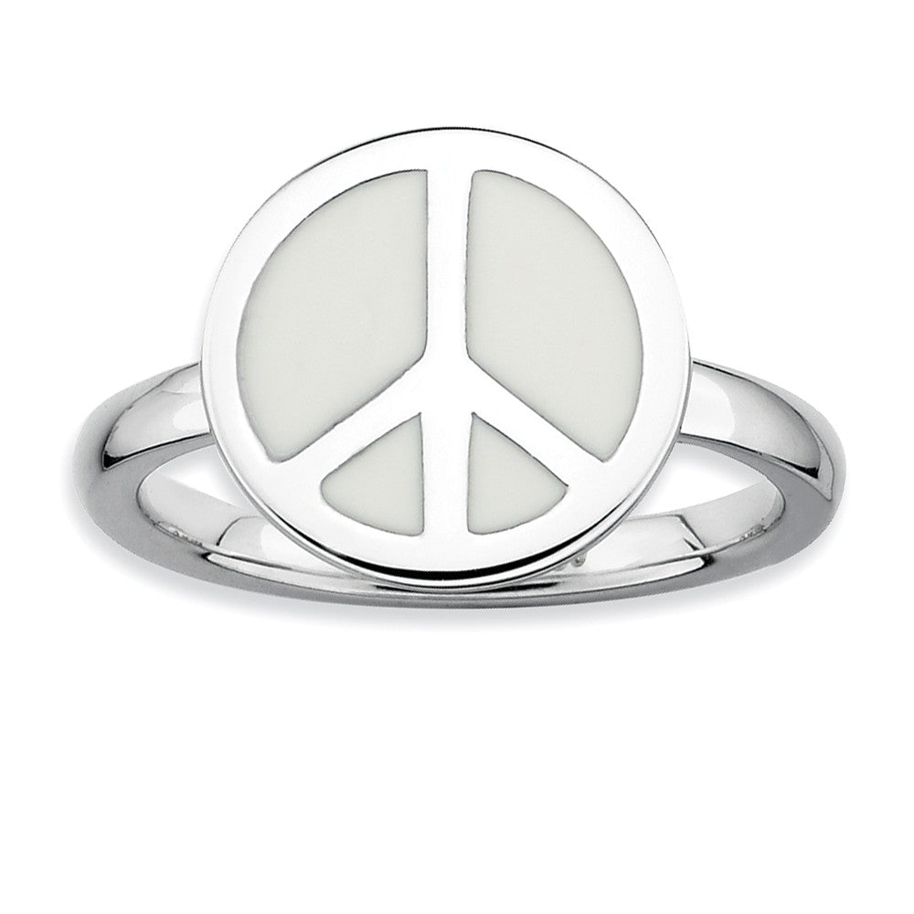 Sterling Silver Stackable White Enameled Peace Sign Ring, Item R9448 by The Black Bow Jewelry Co.