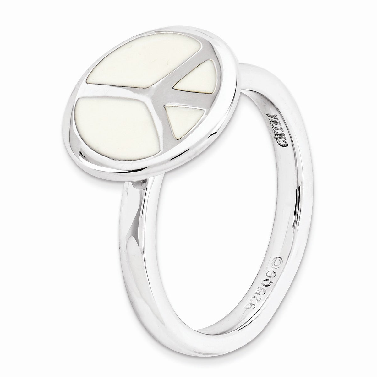 Alternate view of the Sterling Silver Stackable White Enameled Peace Sign Ring by The Black Bow Jewelry Co.