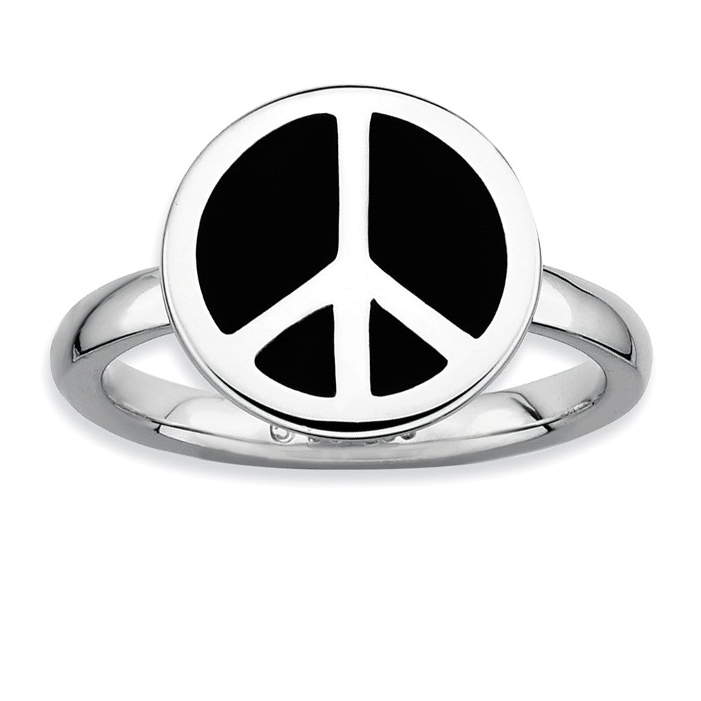 Sterling Silver Stackable Black Enameled Peace Sign Ring, Item R9449 by The Black Bow Jewelry Co.