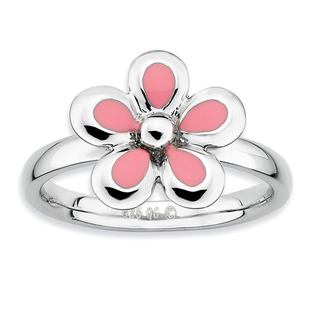 Sterling Silver Stackable Pink Enameled Flower Ring, Item R9450 by The Black Bow Jewelry Co.