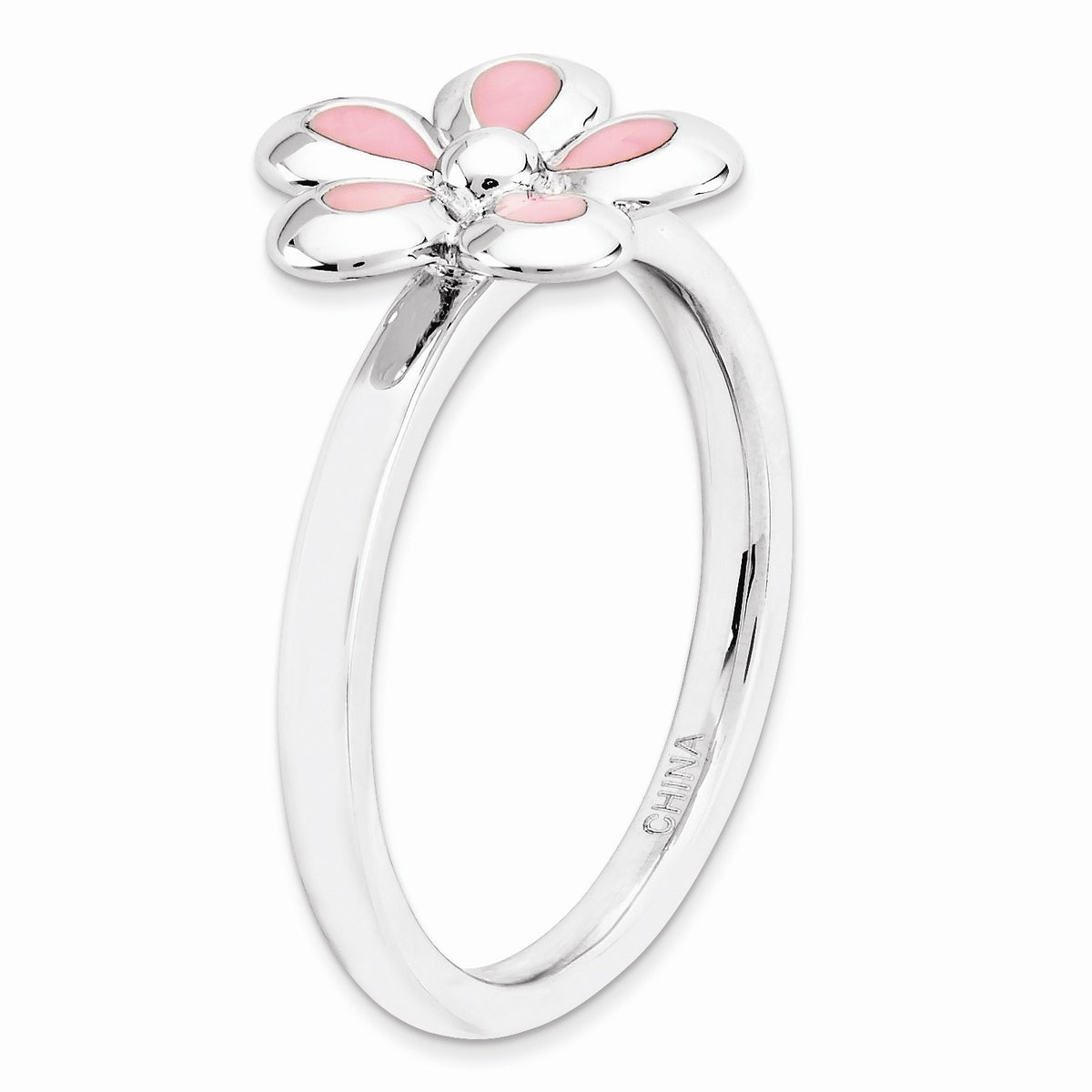 Alternate view of the Sterling Silver Stackable Pink Enameled Flower Ring by The Black Bow Jewelry Co.