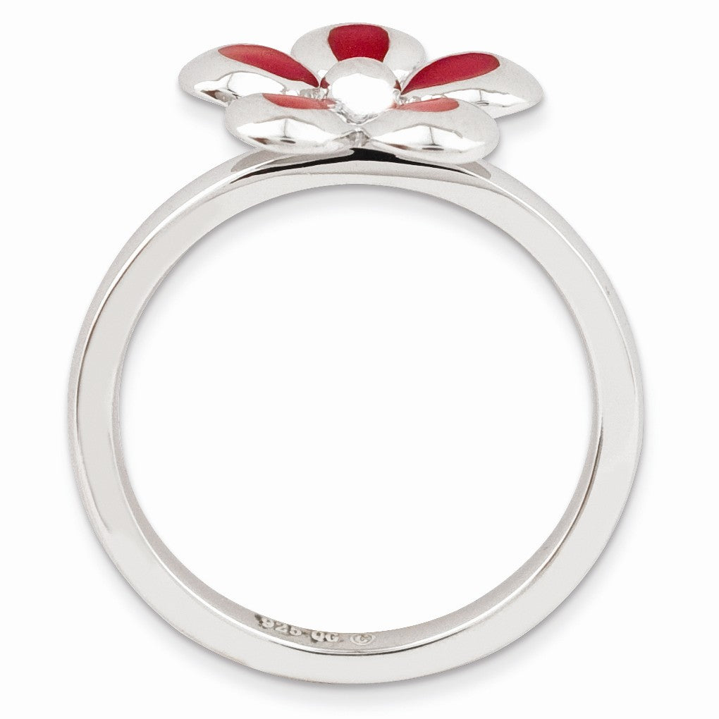 Alternate view of the Sterling Silver Stackable Red Enameled Flower Ring by The Black Bow Jewelry Co.