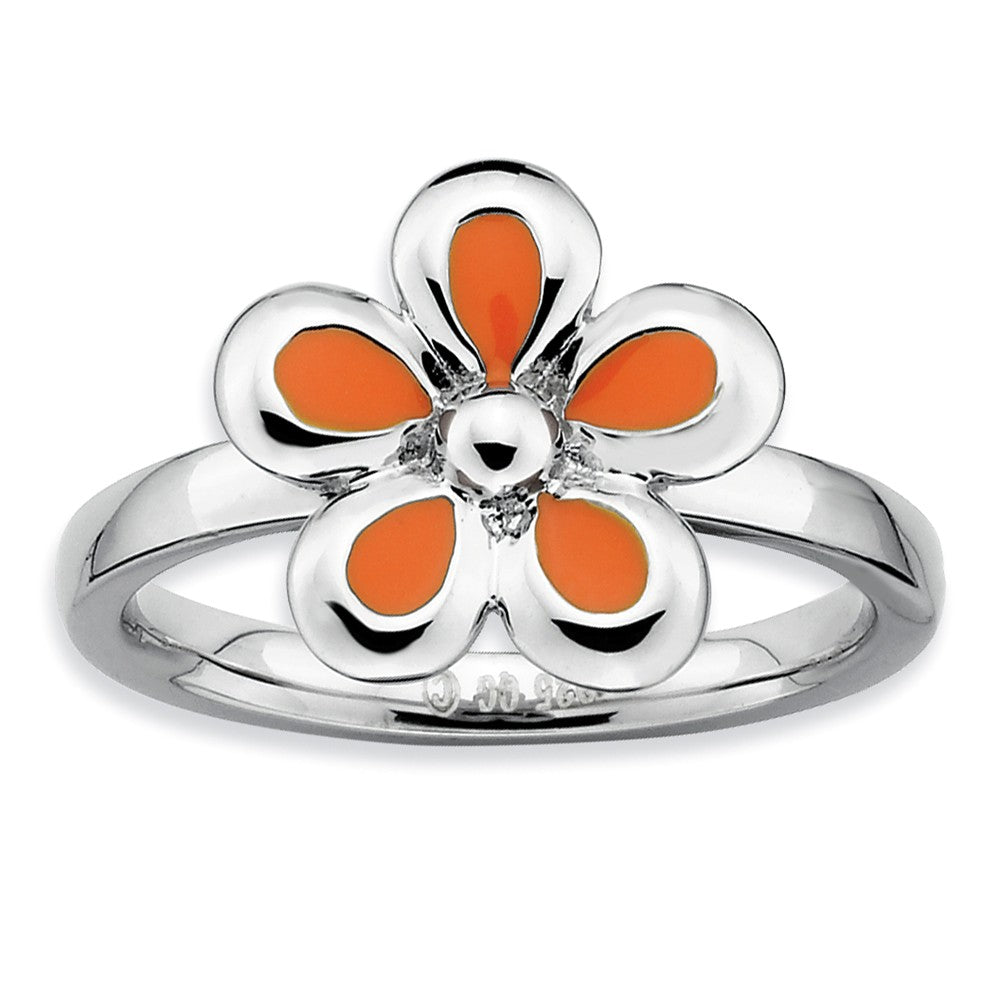 Sterling Silver Stackable Orange Enameled Flower Ring, Item R9452 by The Black Bow Jewelry Co.