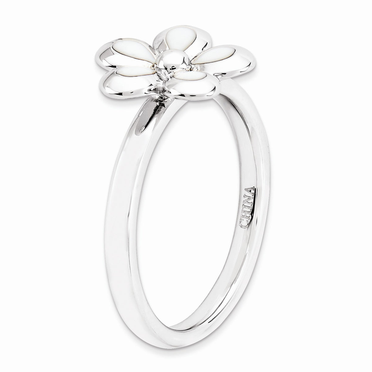 Alternate view of the Sterling Silver Stackable White Enameled Flower Ring Size 5 by The Black Bow Jewelry Co.