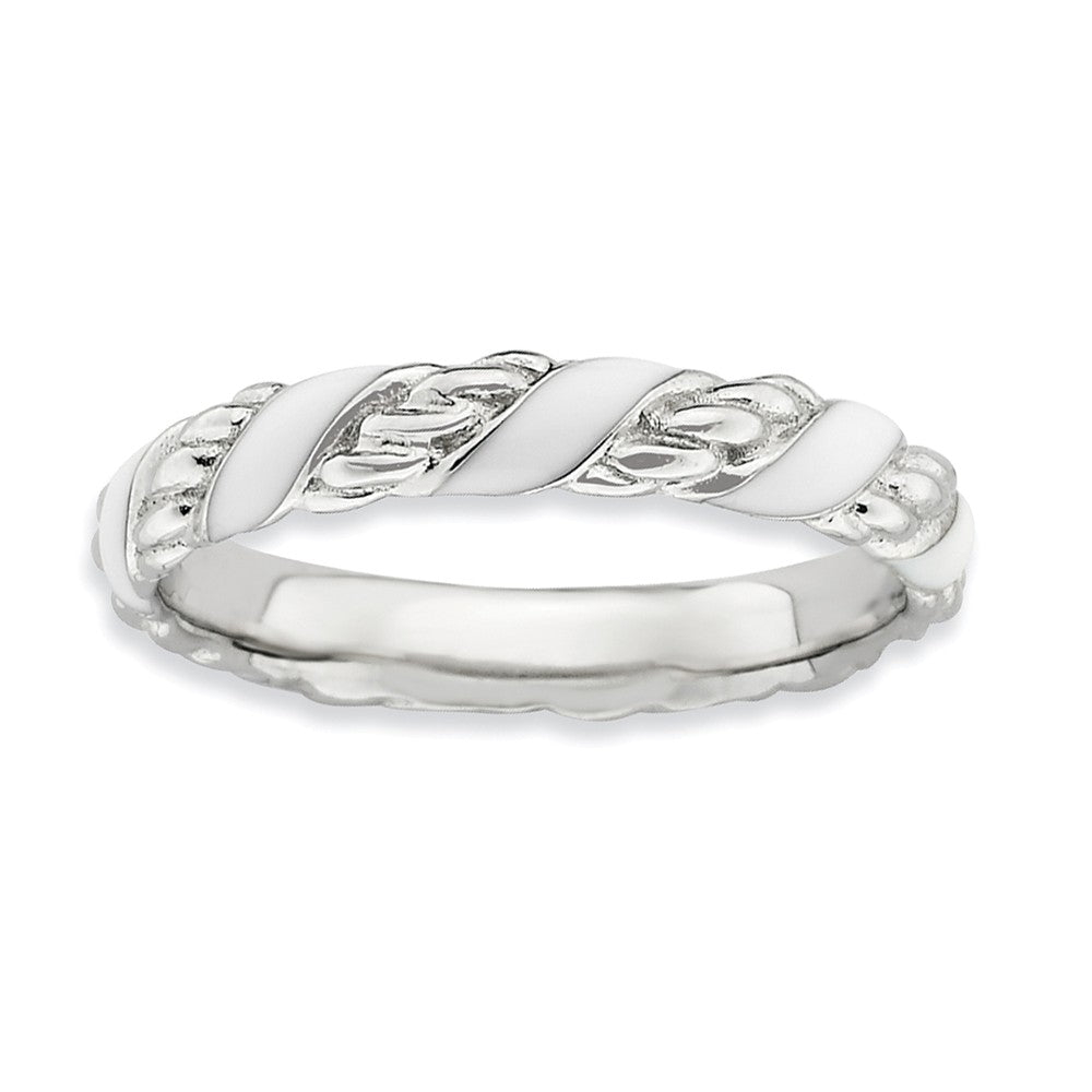 3.25mm Silver Twisted White Enameled Stackable Band, Item R9467 by The Black Bow Jewelry Co.