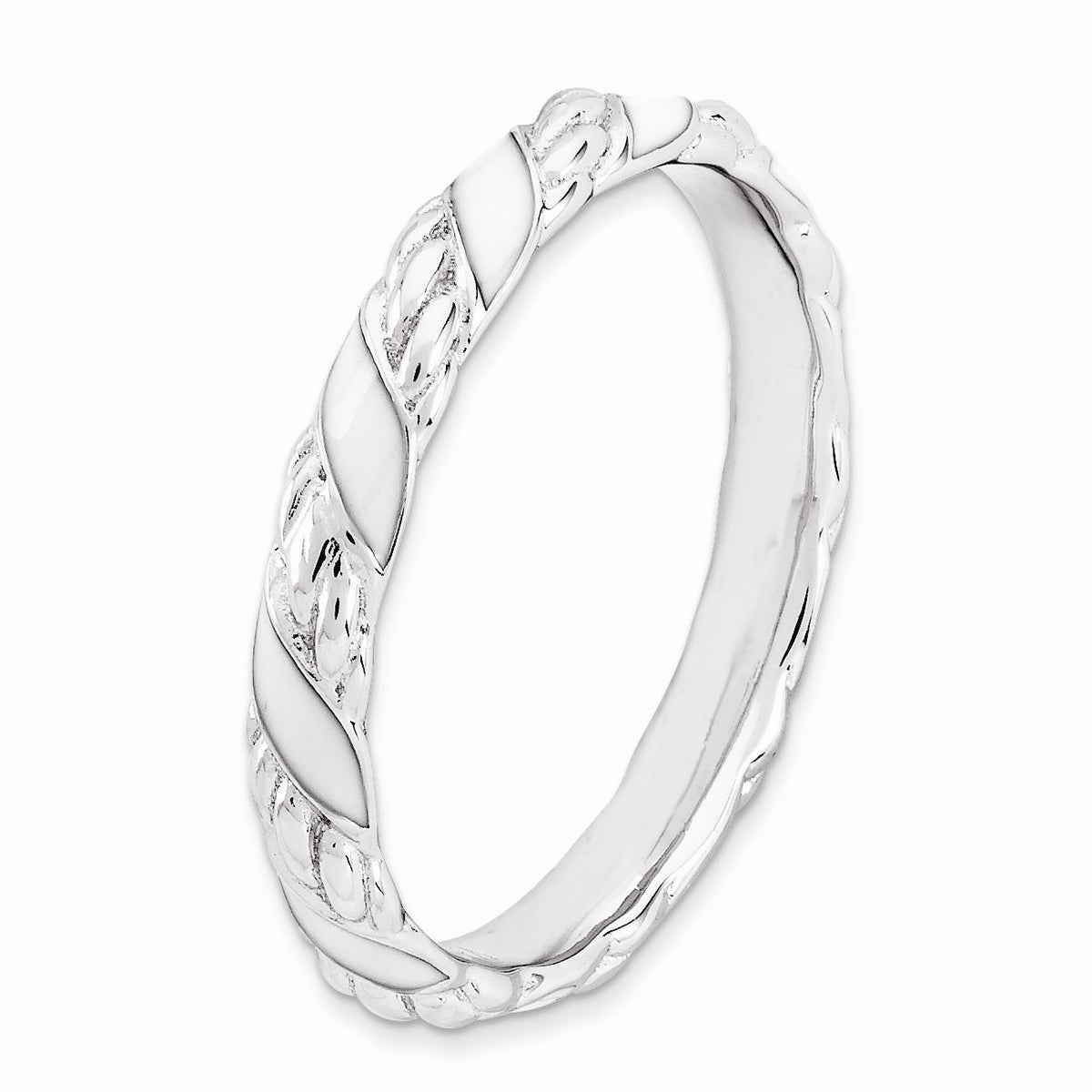 Alternate view of the 3.25mm Silver Twisted White Enameled Stackable Band by The Black Bow Jewelry Co.