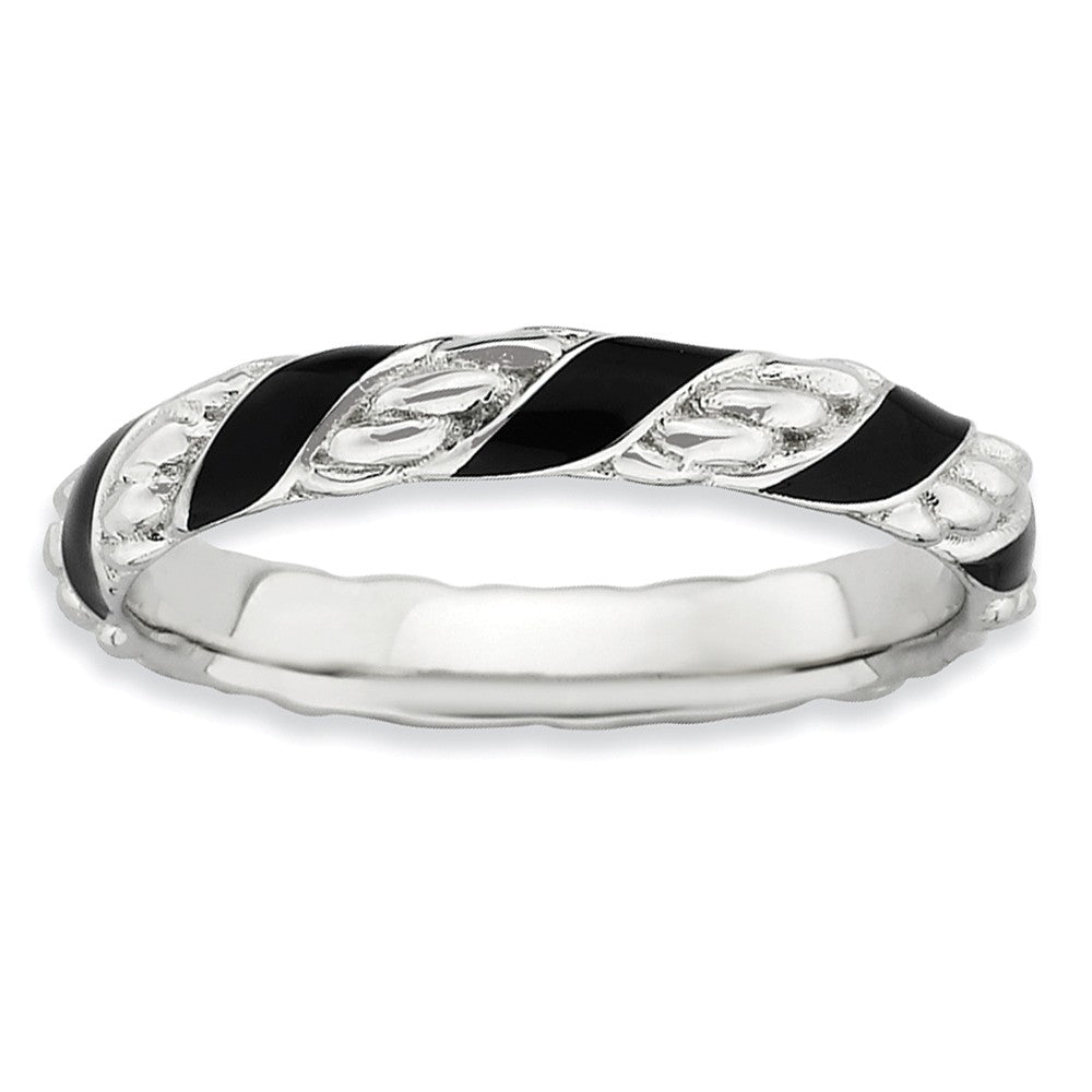 3.25mm Silver Twisted Black Enameled Stackable Band, Item R9468 by The Black Bow Jewelry Co.