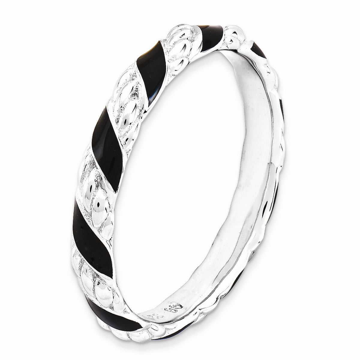 Alternate view of the 3.25mm Silver Twisted Black Enameled Stackable Band by The Black Bow Jewelry Co.