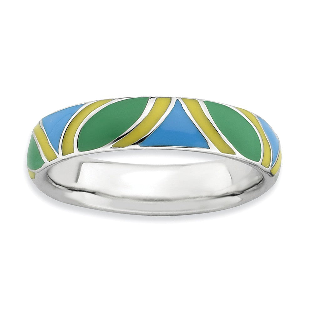 4.5mm Silver Stackable Blue, Green and Yellow Enameled Band, Item R9472 by The Black Bow Jewelry Co.
