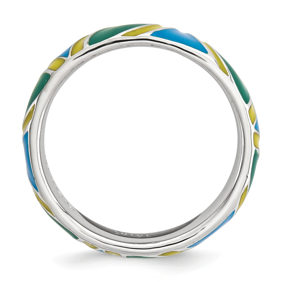 Alternate view of the 4.5mm Silver Stackable Blue, Green and Yellow Enameled Band by The Black Bow Jewelry Co.