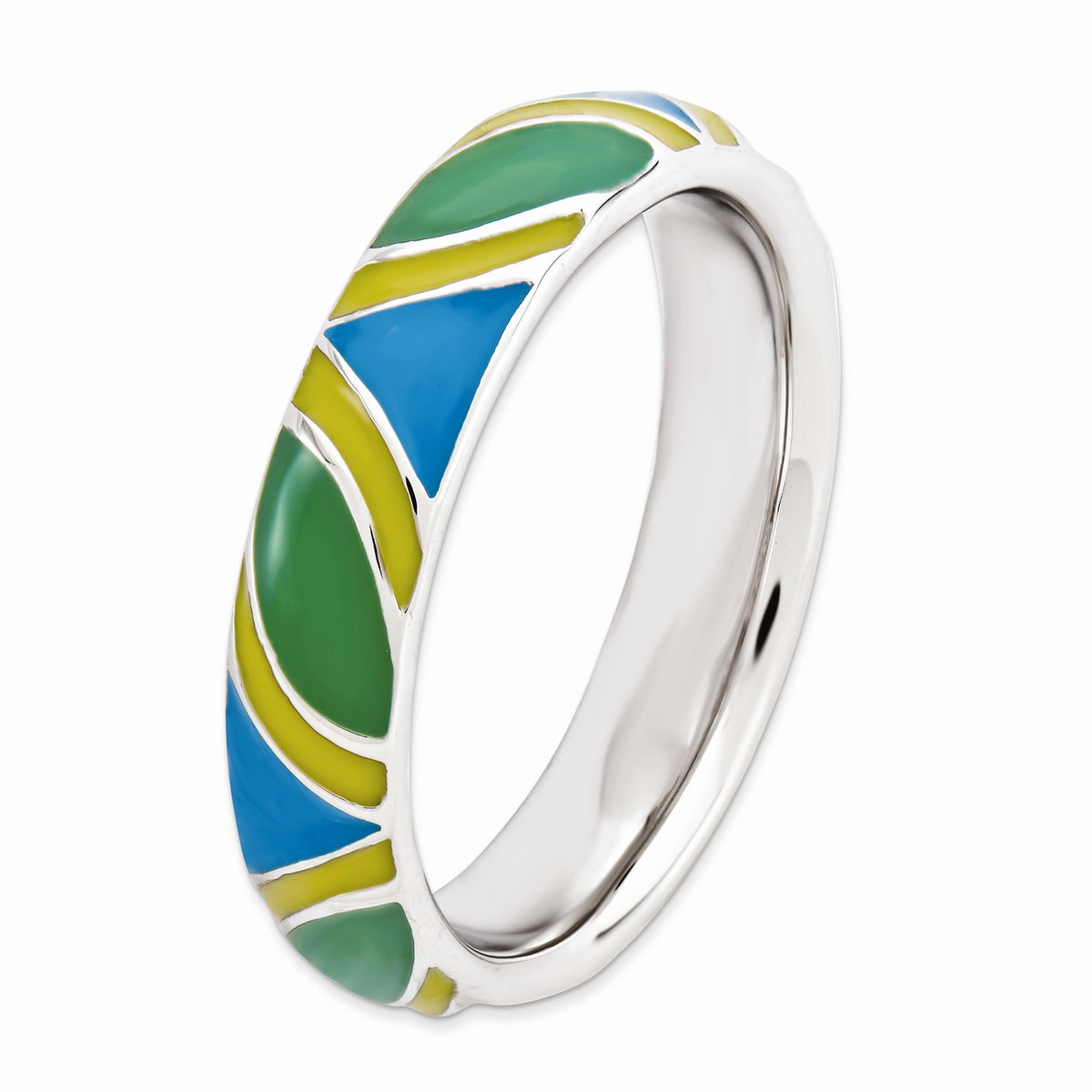 Alternate view of the 4.5mm Silver Stackable Blue, Green and Yellow Enameled Band by The Black Bow Jewelry Co.