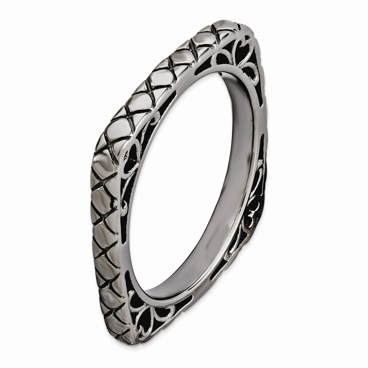 Alternate view of the 2.25mm Stackable Black Plated Silver Square Snake Skin Band, Size 5 by The Black Bow Jewelry Co.