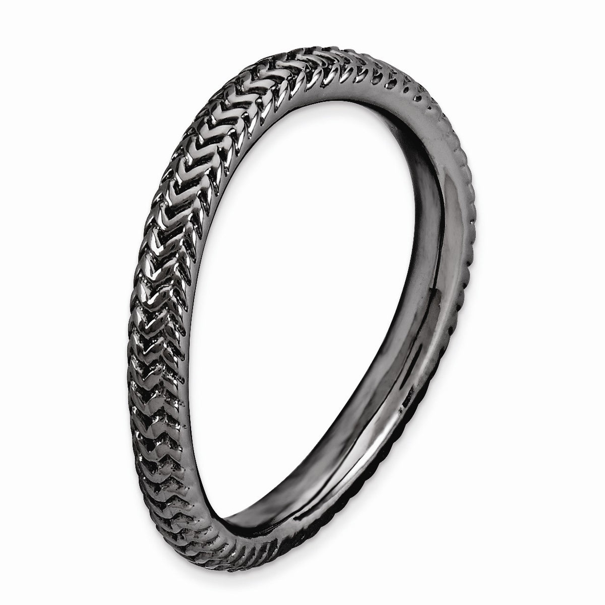 Alternate view of the 2.25mm Stackable Black Plated Silver Curved Woven Band by The Black Bow Jewelry Co.
