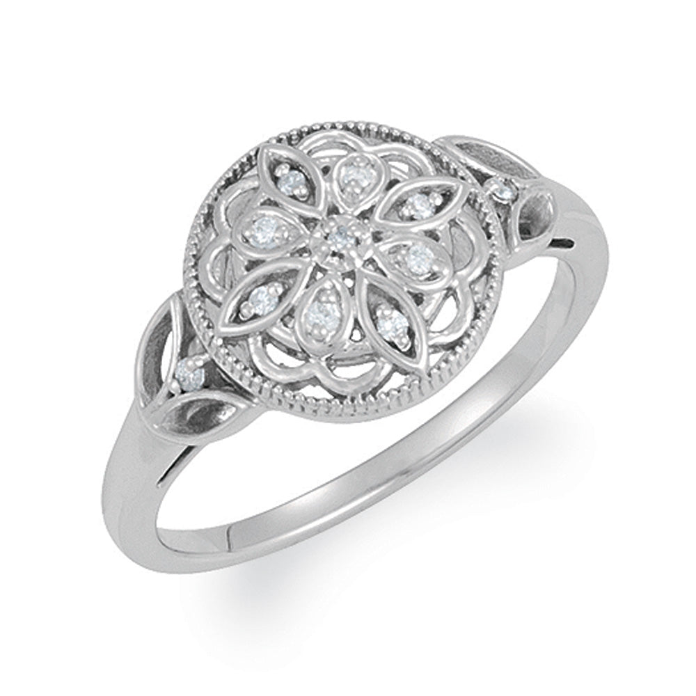 Vintage Style Sterling Silver .06 Ctw H-I, I2 Diamond Flower Ring, Item R9715 by The Black Bow Jewelry Co.