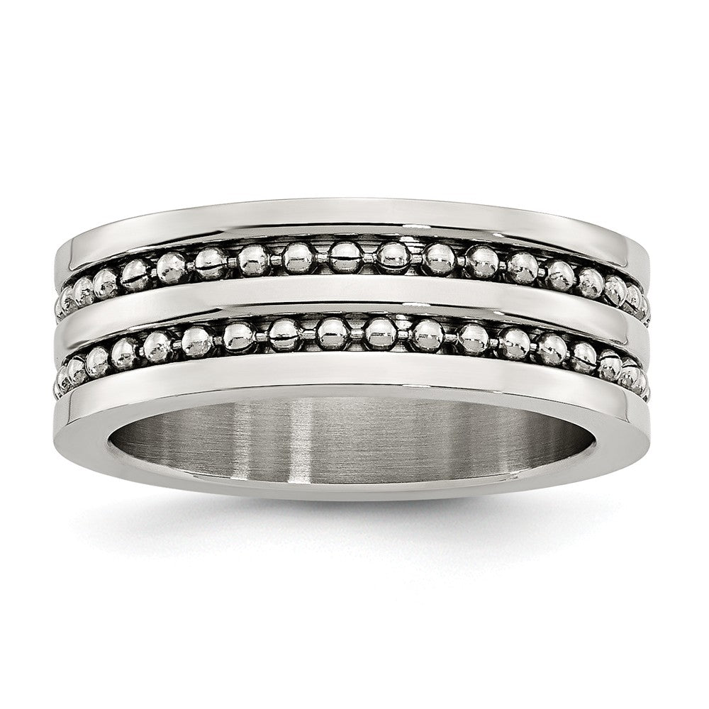 Stainless Steel 8mm Double Row Beaded Comfort Fit Band, Item R9795 by The Black Bow Jewelry Co.