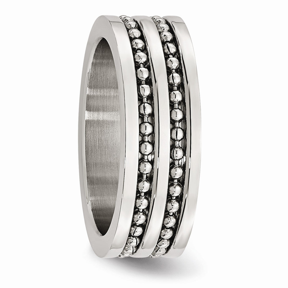 Alternate view of the Stainless Steel 8mm Double Row Beaded Comfort Fit Band Size 7 by The Black Bow Jewelry Co.