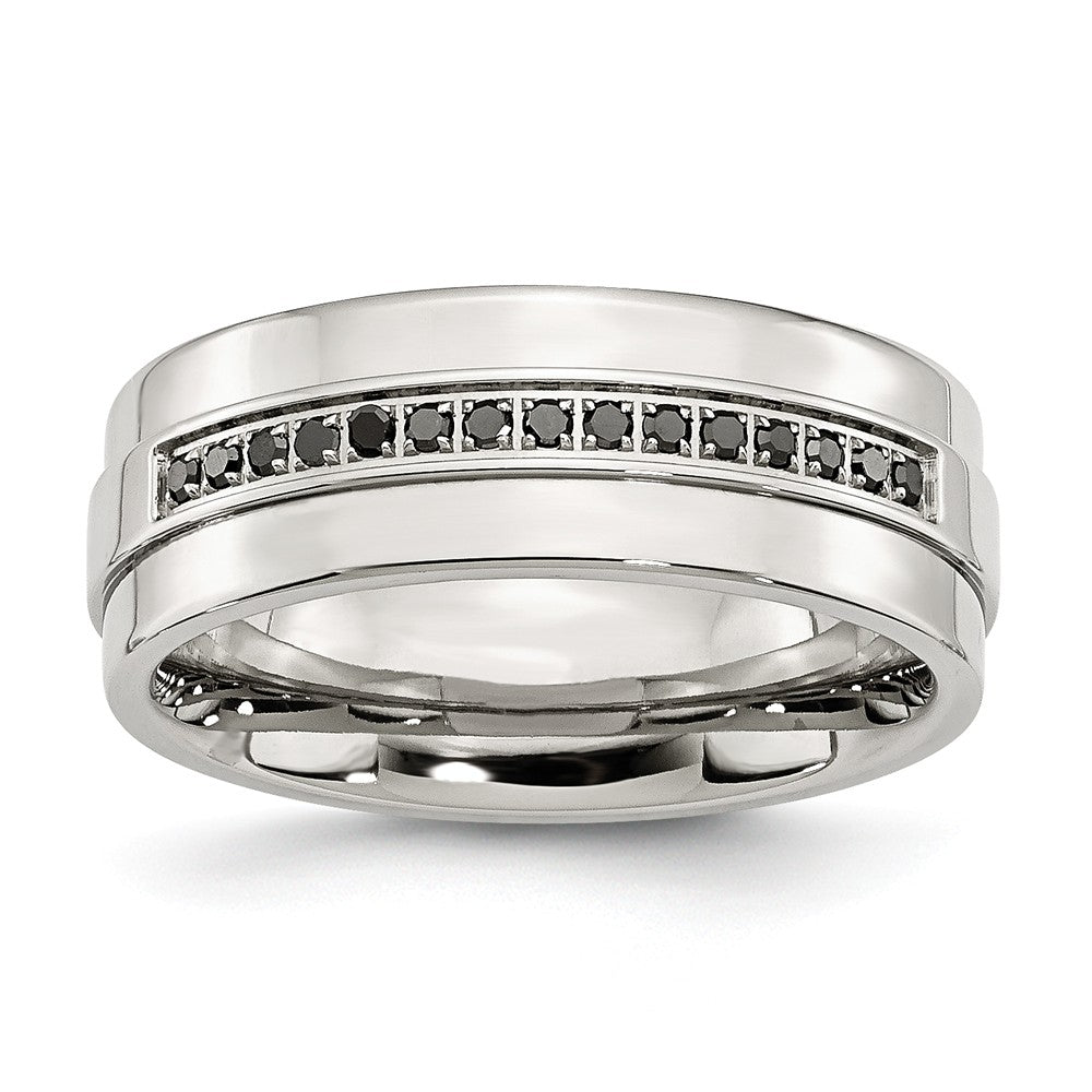 8mm Stainless Steel & 1/6 Ctw Blk Diamond Ridged Edge Comfort Fit Band, Item R9807 by The Black Bow Jewelry Co.