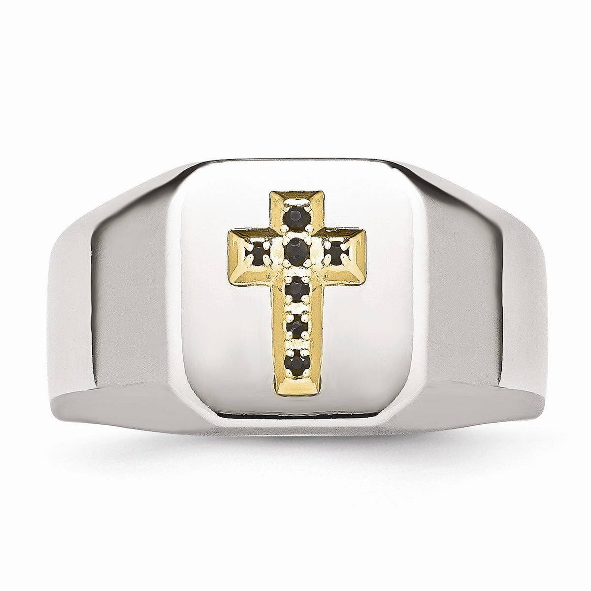 Alternate view of the Stainless Steel 14K Yellow Gold Accent w Sapphires Cross Ring Size 9 by The Black Bow Jewelry Co.