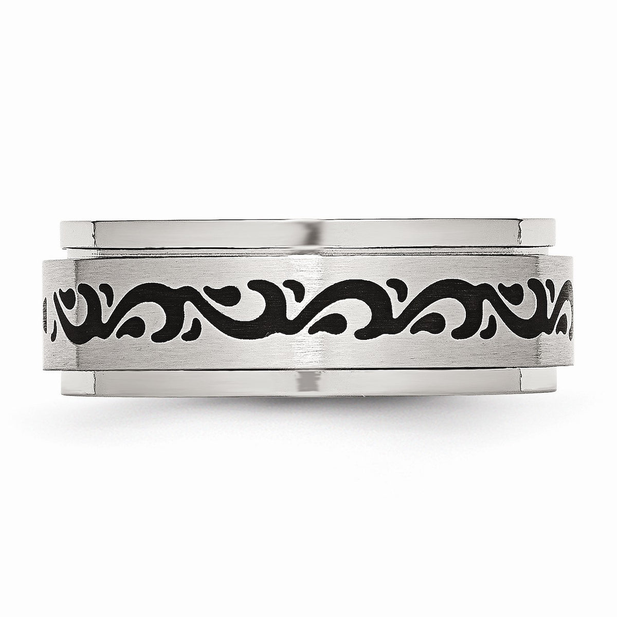 Alternate view of the 7mm Stainless Steel And Black Enamel Spinner Ring Size 8 by The Black Bow Jewelry Co.