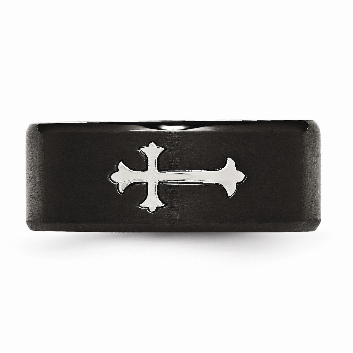 Alternate view of the Black-plated Stainless Steel Fleur-de-lis Cross Band Sz 7 by The Black Bow Jewelry Co.