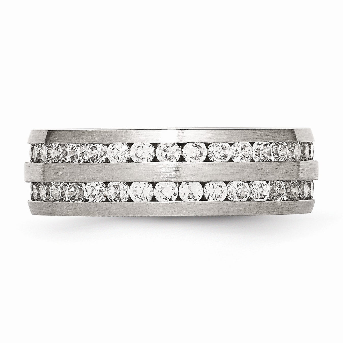 Alternate view of the 7mm Stainless Steel And Cubic Zirconia Double Row Band Size 6 by The Black Bow Jewelry Co.