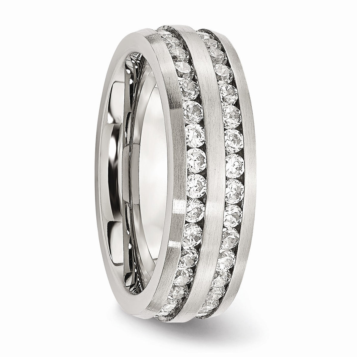 Alternate view of the 7mm Stainless Steel And Cubic Zirconia Double Row Band by The Black Bow Jewelry Co.