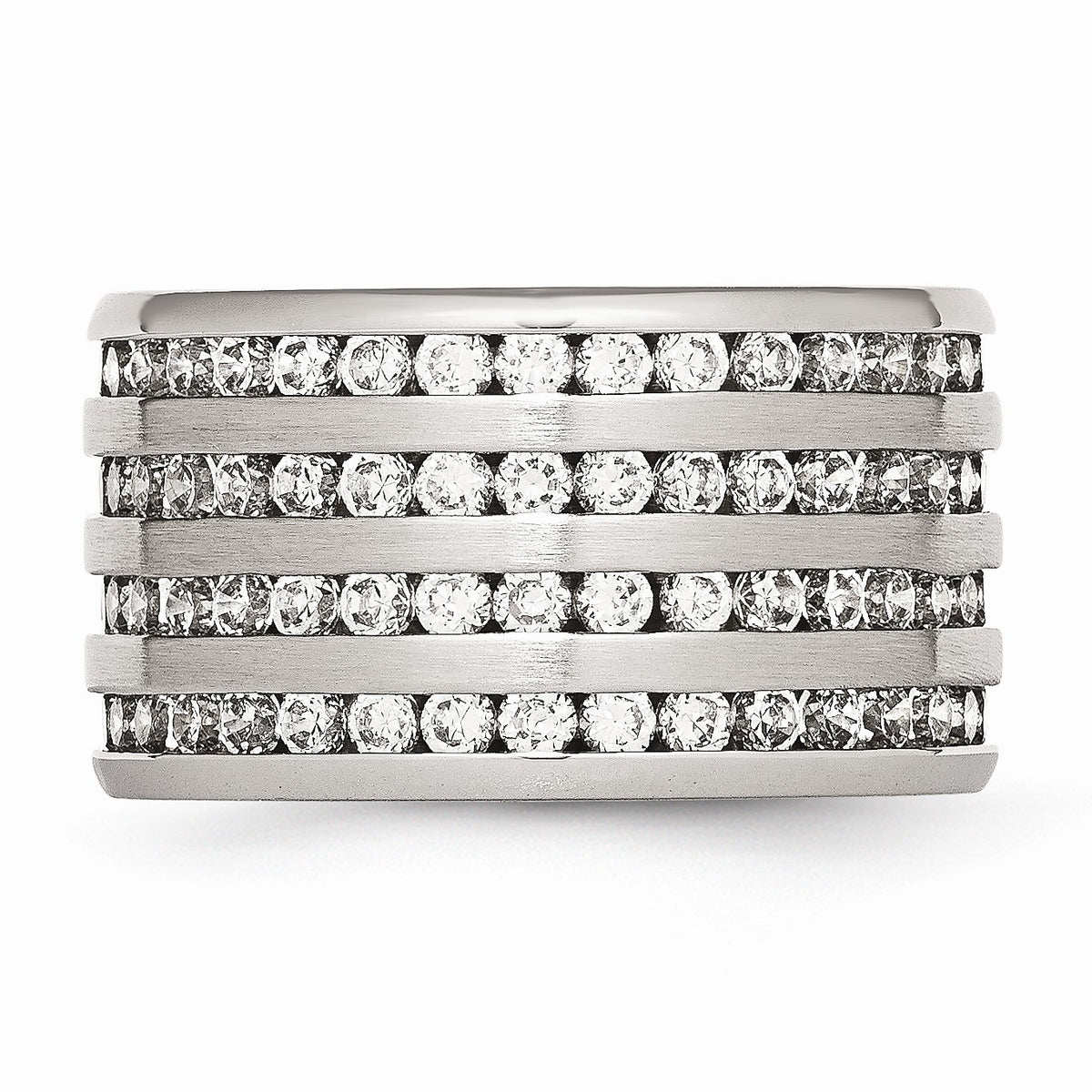 Alternate view of the 13mm Stainless Steel And Cubic Zirconia Multi Row Band by The Black Bow Jewelry Co.