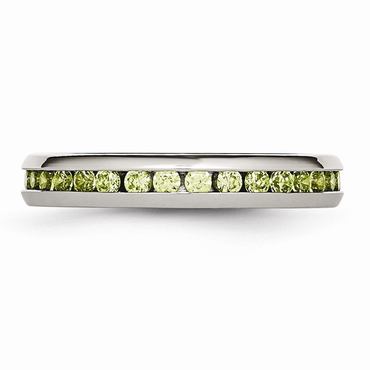Alternate view of the 4mm Stainless Steel And Light Green Cubic Zirconia Stackable Band by The Black Bow Jewelry Co.