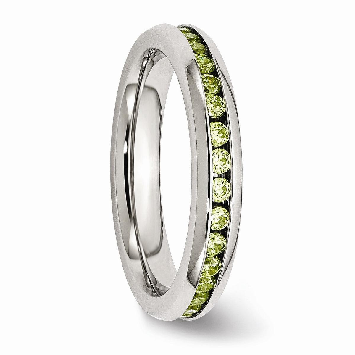Alternate view of the 4mm Stainless Steel And Light Green Cubic Zirconia Stackable Band Sz 6 by The Black Bow Jewelry Co.