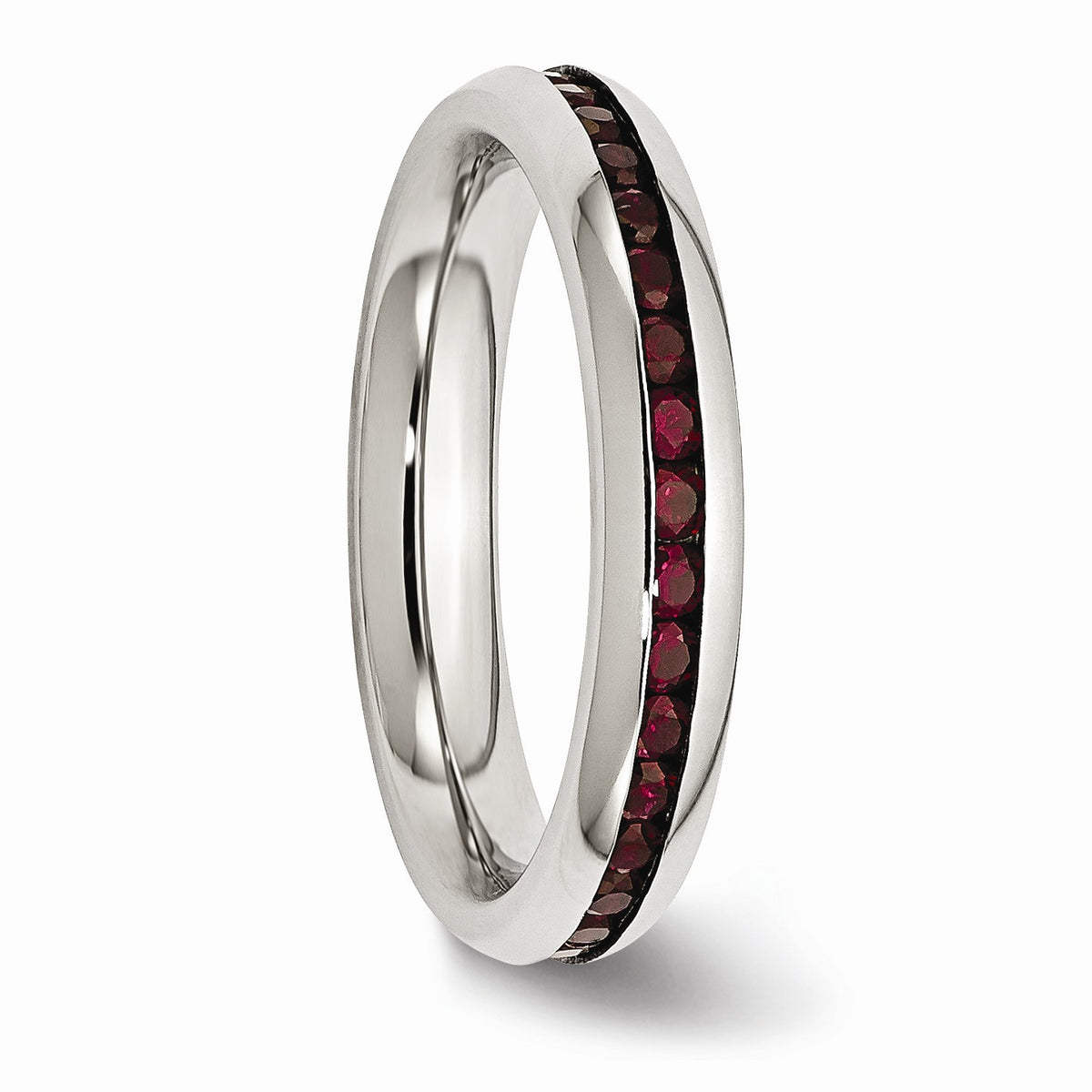 Alternate view of the 4mm Stainless Steel And Dark Red Cubic Zirconia Stackable Band by The Black Bow Jewelry Co.