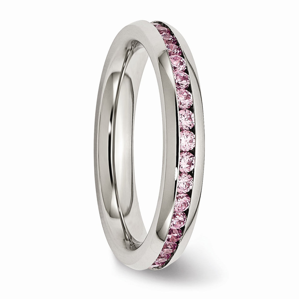 Alternate view of the 4mm Stainless Steel And Light Pink Cubic Zirconia Stackable Band by The Black Bow Jewelry Co.