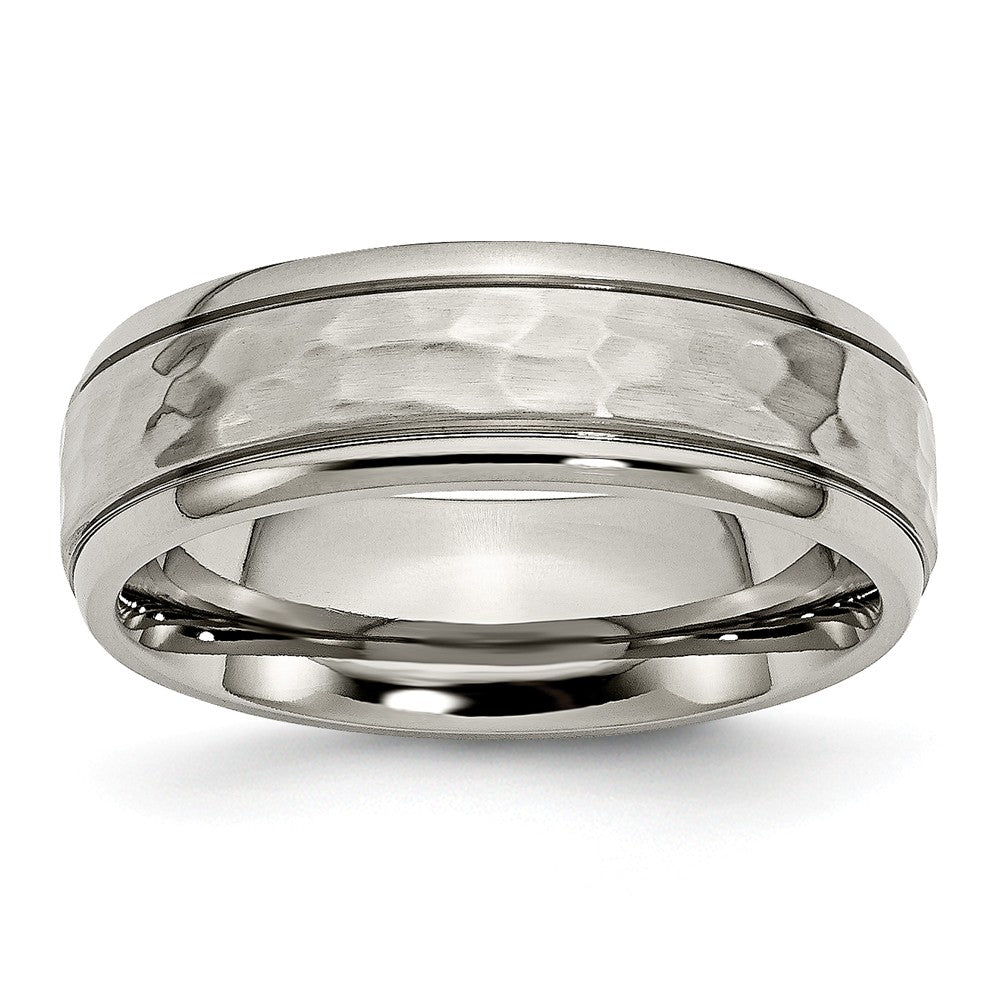 Titanium 7mm Grooved Edge And Hammered Comfort Fit Band, Item R9880 by The Black Bow Jewelry Co.