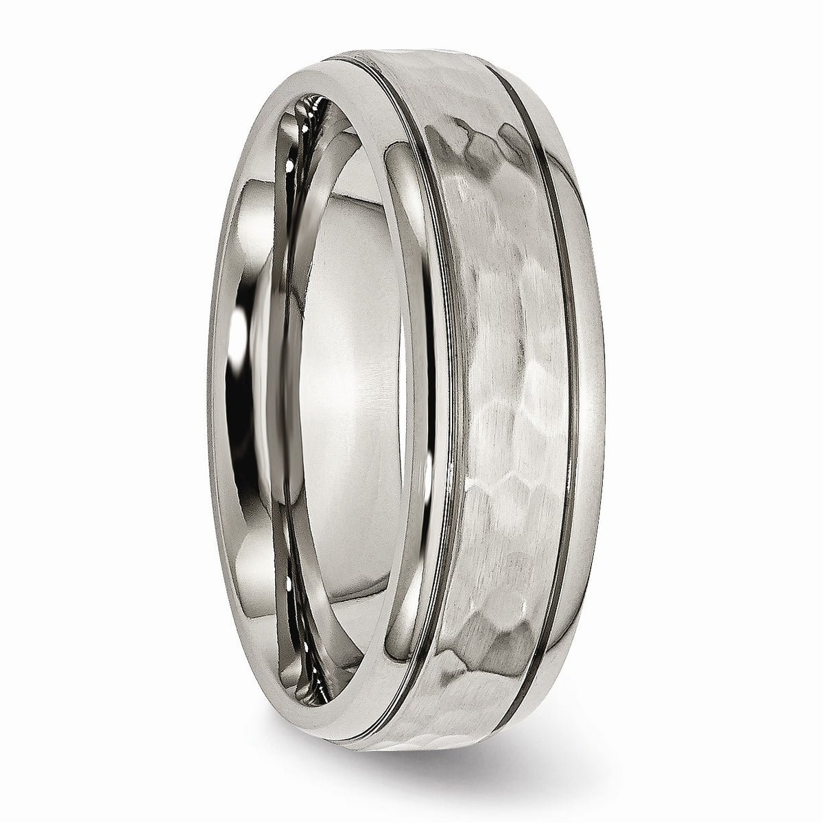 Alternate view of the Titanium 7mm Grooved Edge And Hammered Comfort Fit Band by The Black Bow Jewelry Co.