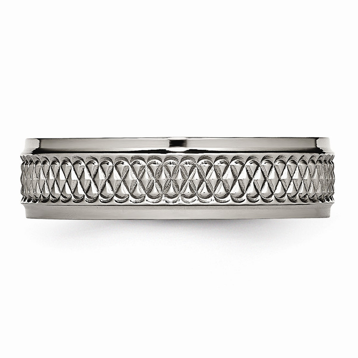 Alternate view of the Titanium 6mm Ridged Edge And Weave Design Comfort Fit Band by The Black Bow Jewelry Co.