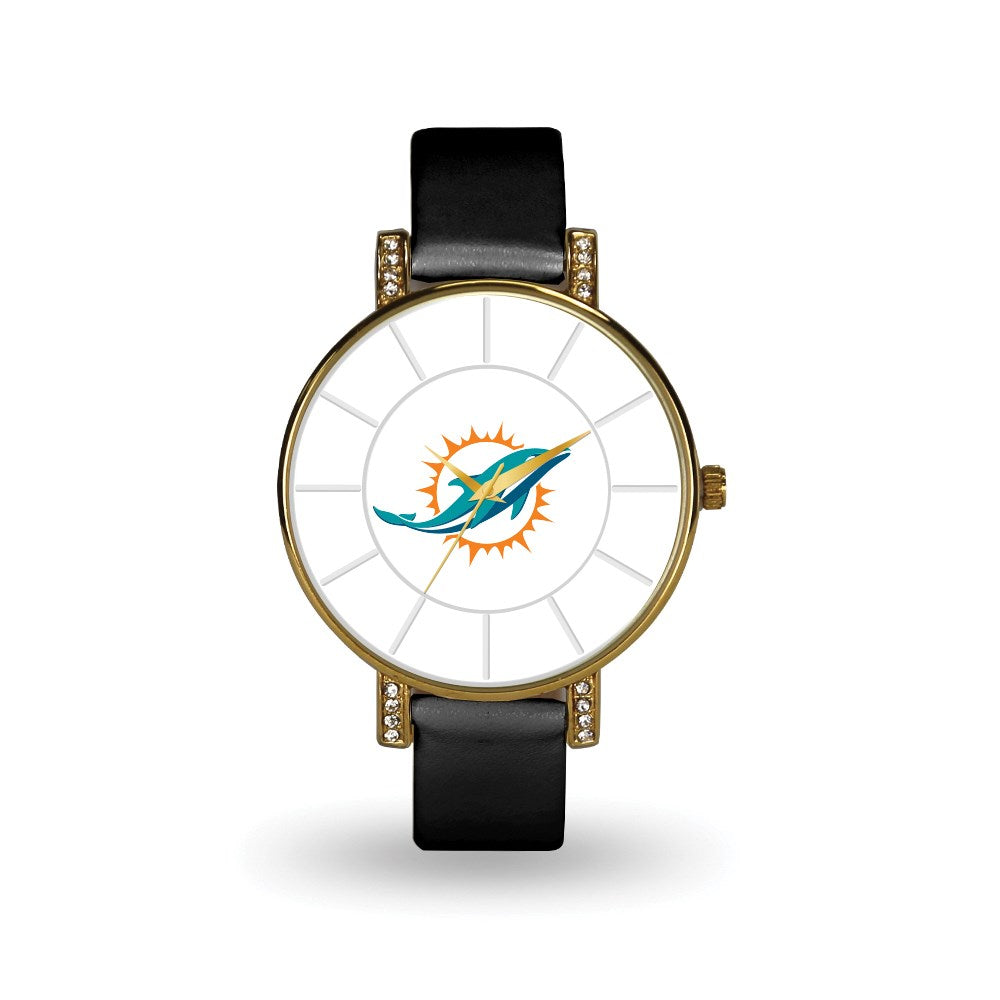 NFL Ladies Miami Dolphins Black Leather Lunar Watch, Item W10197 by The Black Bow Jewelry Co.