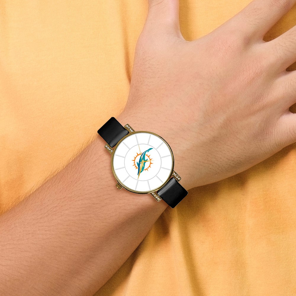 Alternate view of the NFL Ladies Miami Dolphins Black Leather Lunar Watch by The Black Bow Jewelry Co.