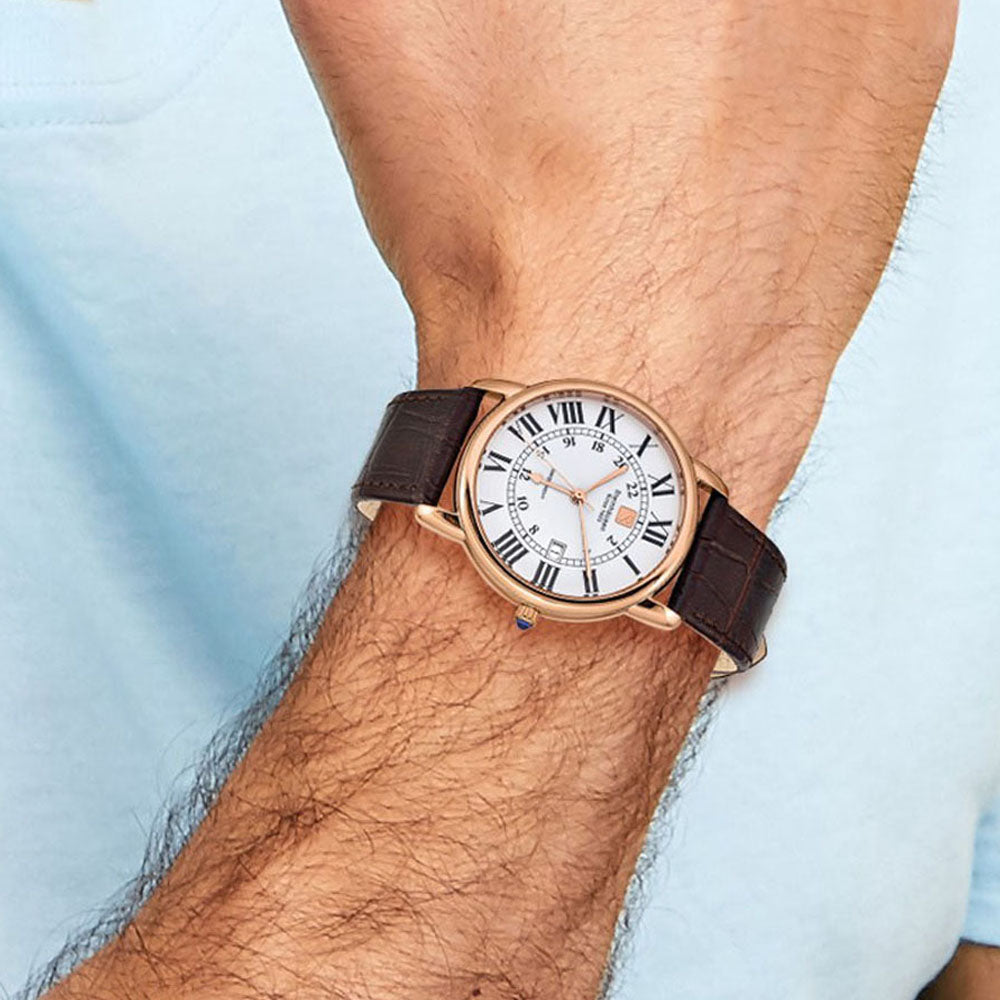 Alternate view of the Steinhausen Mens Delemont Rose IP-plated White Dial Brown Strap Watch by The Black Bow Jewelry Co.