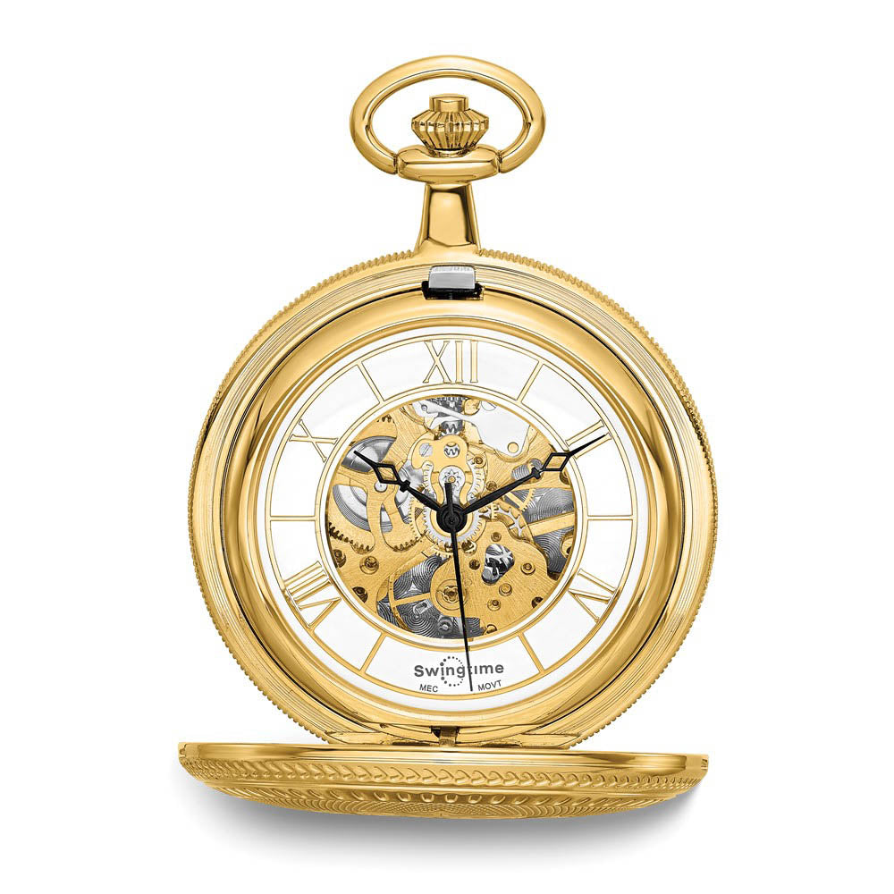 Swingtime Gold-finish Mechanical Double Cover Pocket Watch, Item W10758 by The Black Bow Jewelry Co.