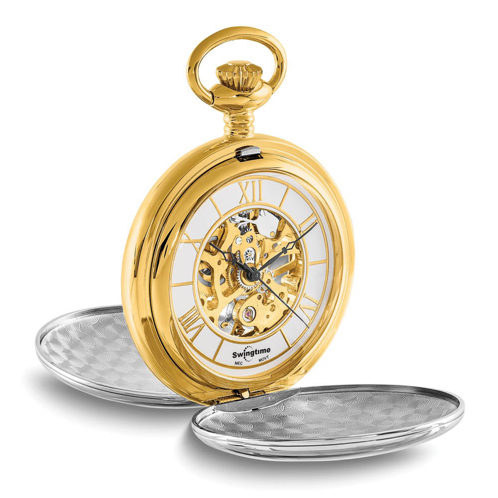 Alternate view of the Swingtime Two-tone Brass Mechanical Double Cover Pocket Watch by The Black Bow Jewelry Co.